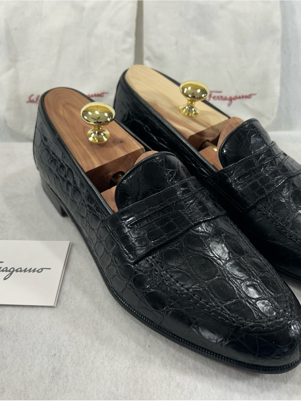 Salvatore Ferragamo Texas Black Crocodile Penny Loafers Mens 10.5 D Italy Box